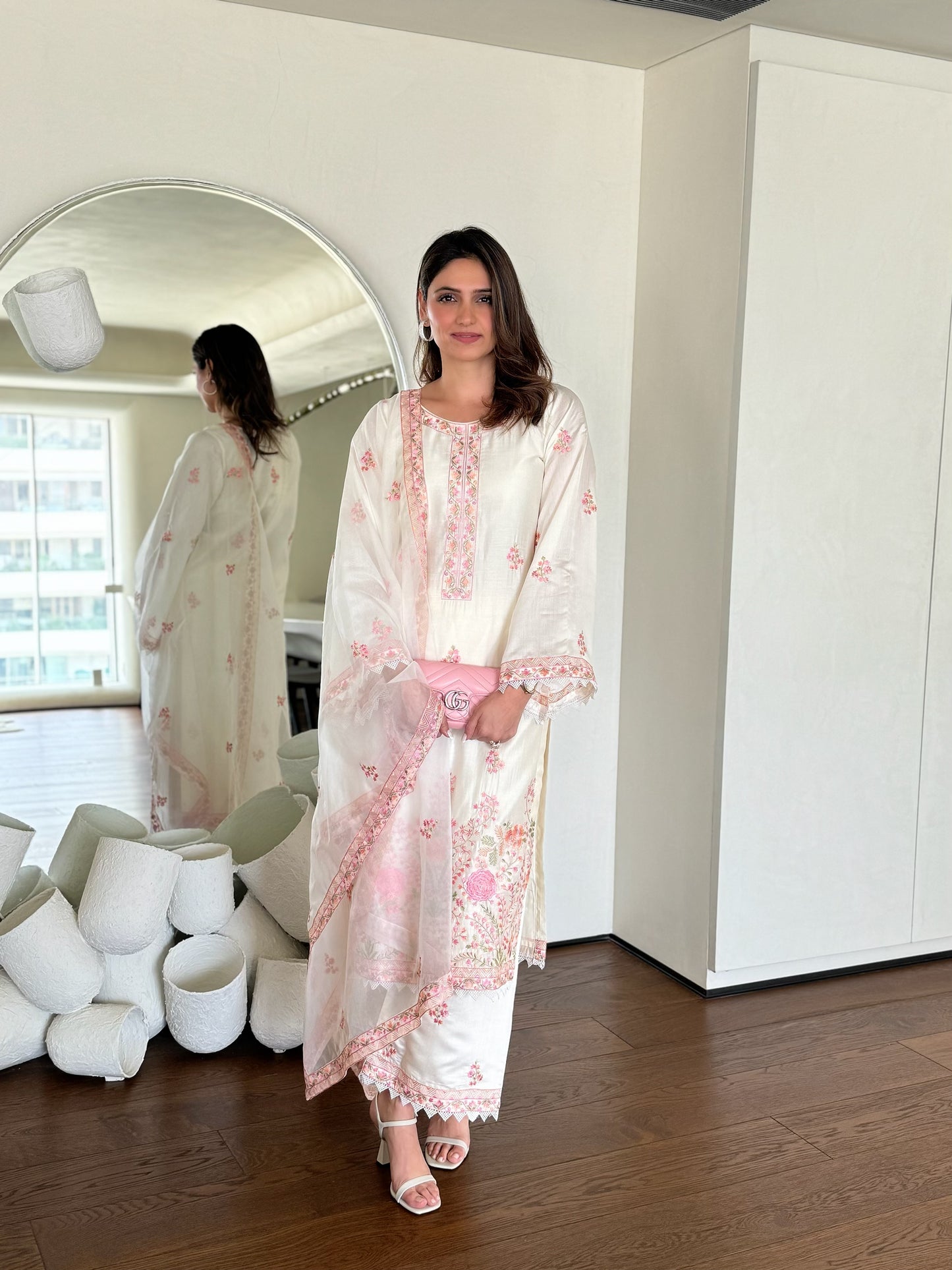 Richa Begani in Gul-Khera - Ivory White Chanderi Embroidered Suit Set.