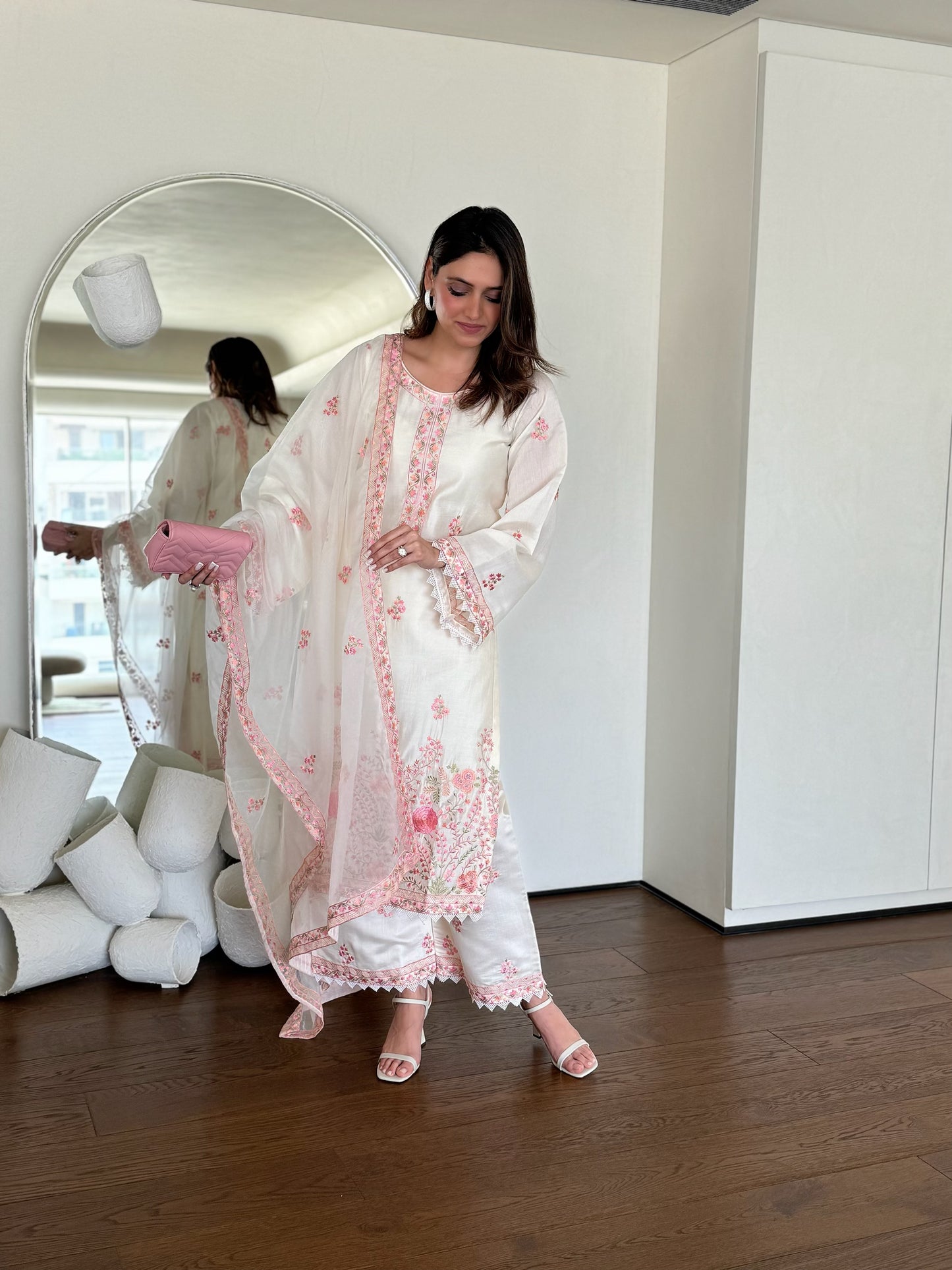Richa Begani in Gul-Khera - Ivory White Chanderi Embroidered Suit Set.