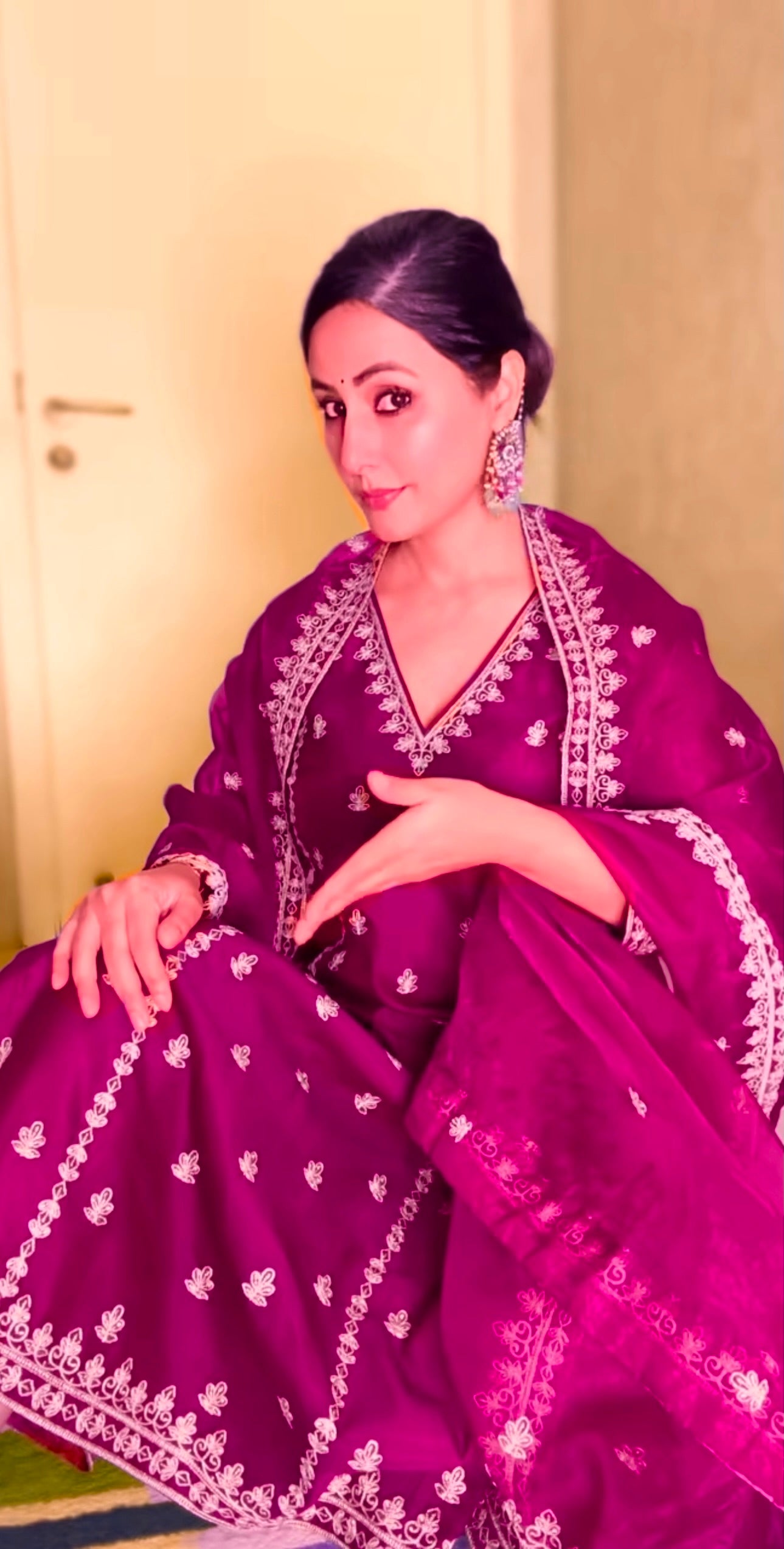 Hina Khan in Khushnir - Wine Chanderi Embroidered Suit Set