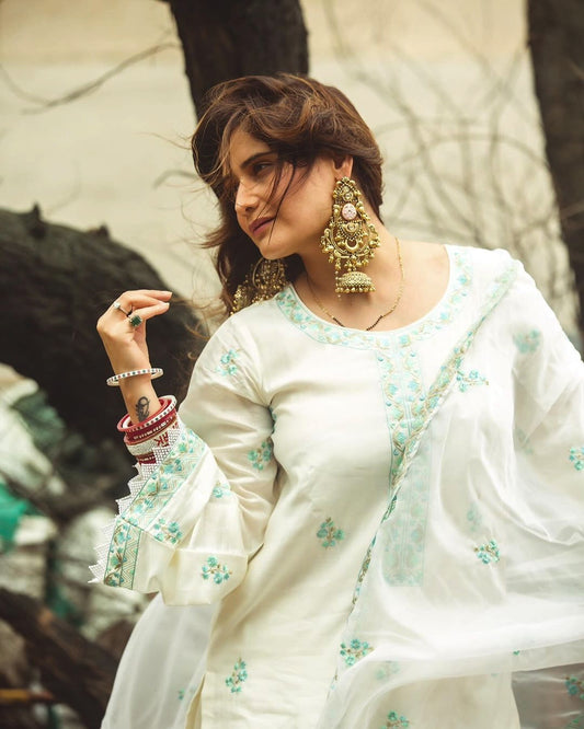 Arti Singh in Asoniya - Ivory White Chanderi Embroidered Suit Set.