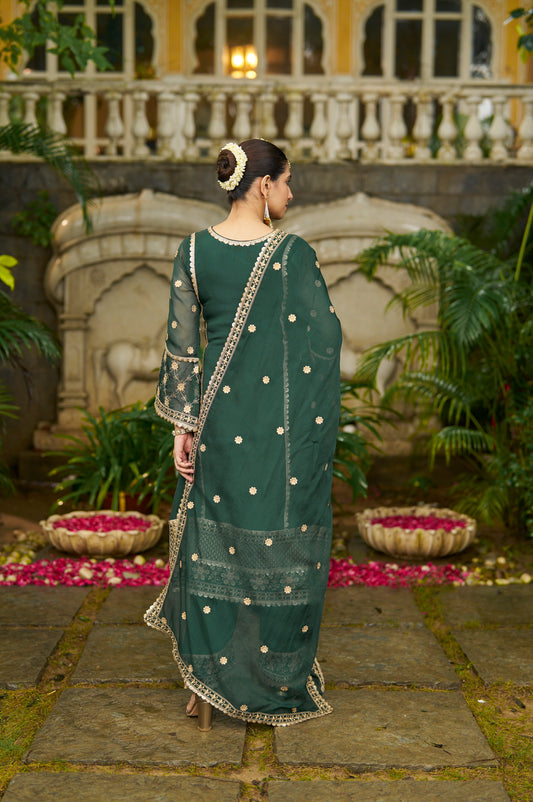 ISHITA - Green Organza A-line Suit Set