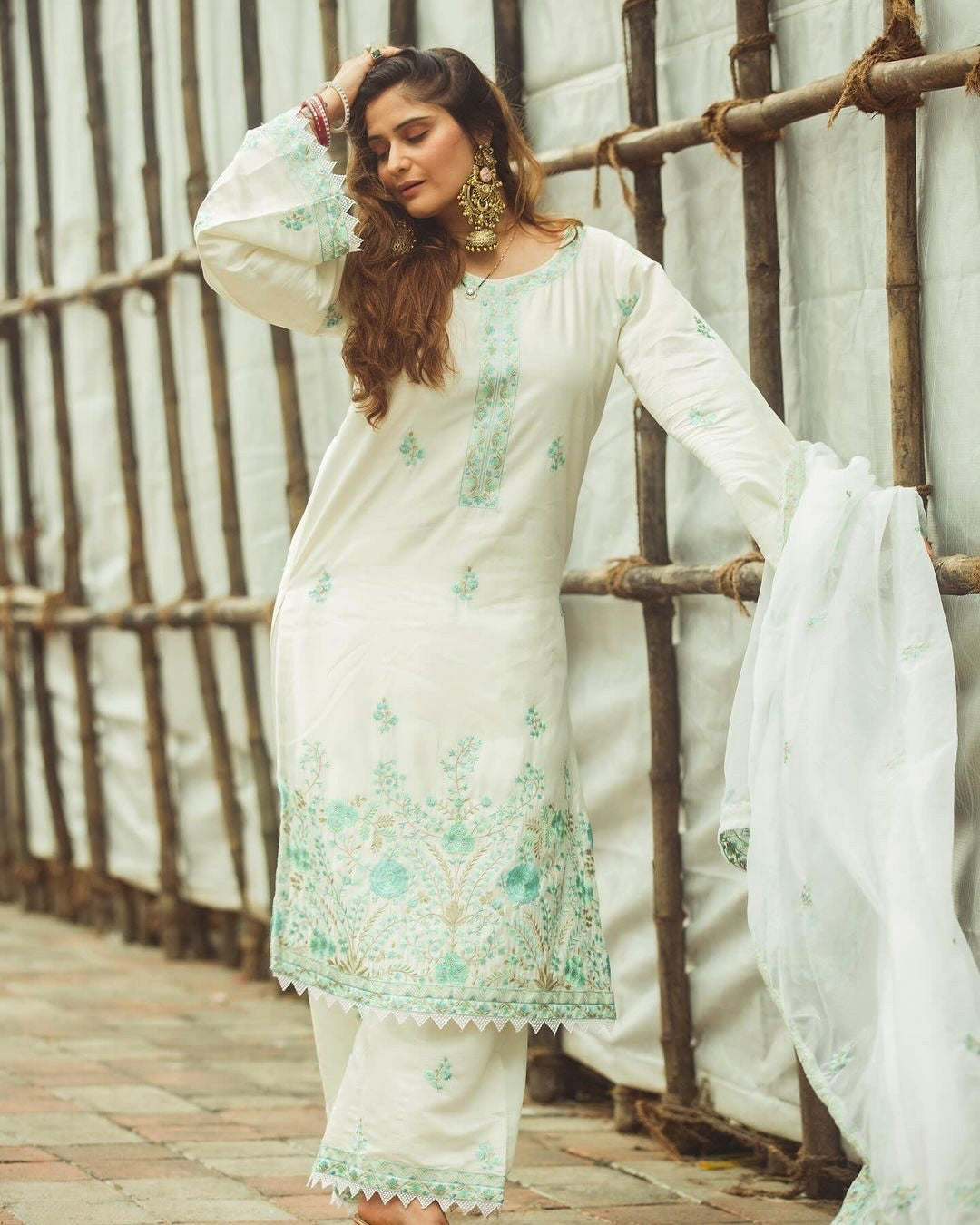 Arti Singh in Asoniya - Ivory White Chanderi Embroidered Suit Set.