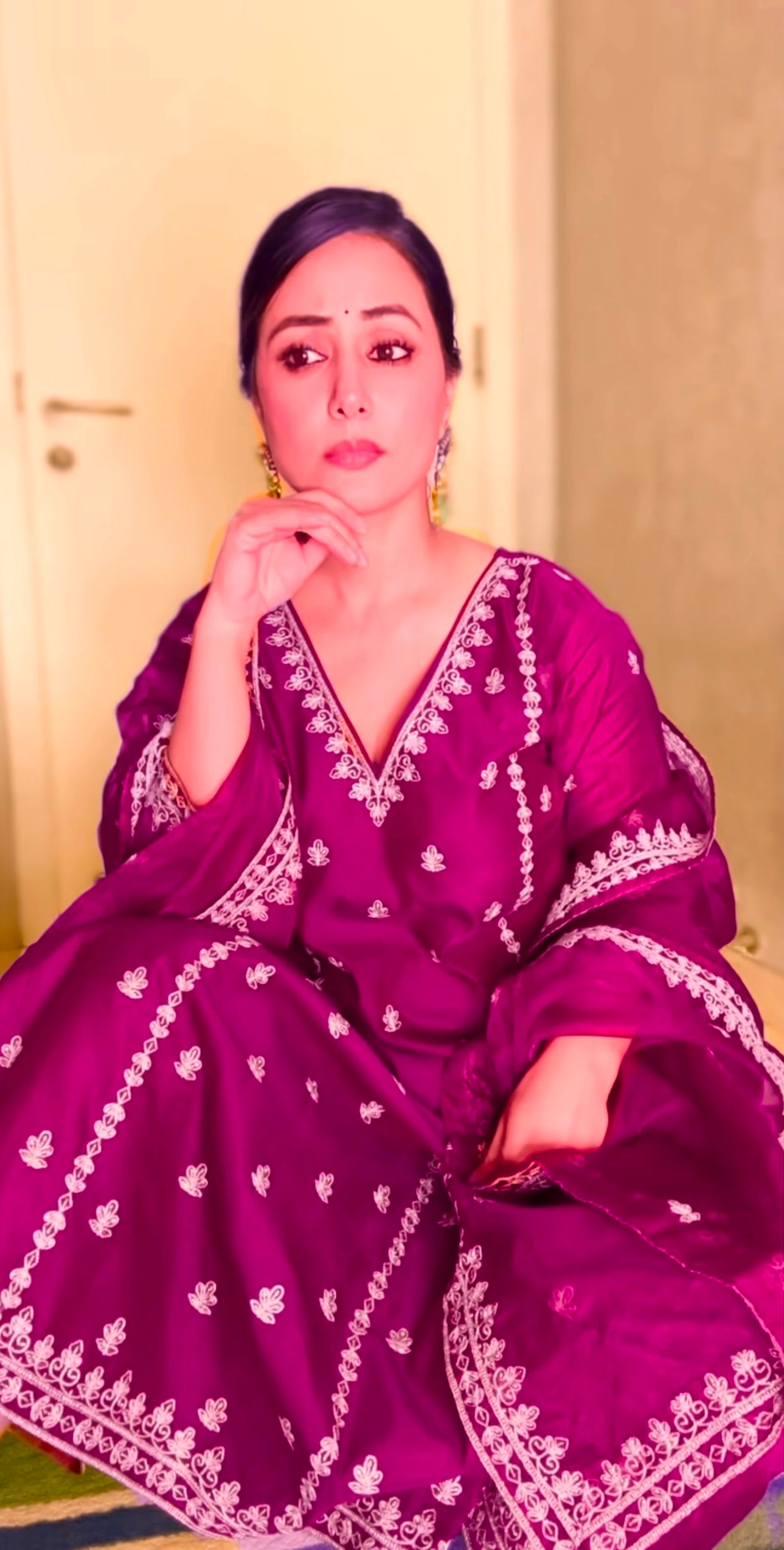 Hina Khan in Khushnir - Wine Chanderi Embroidered Suit Set