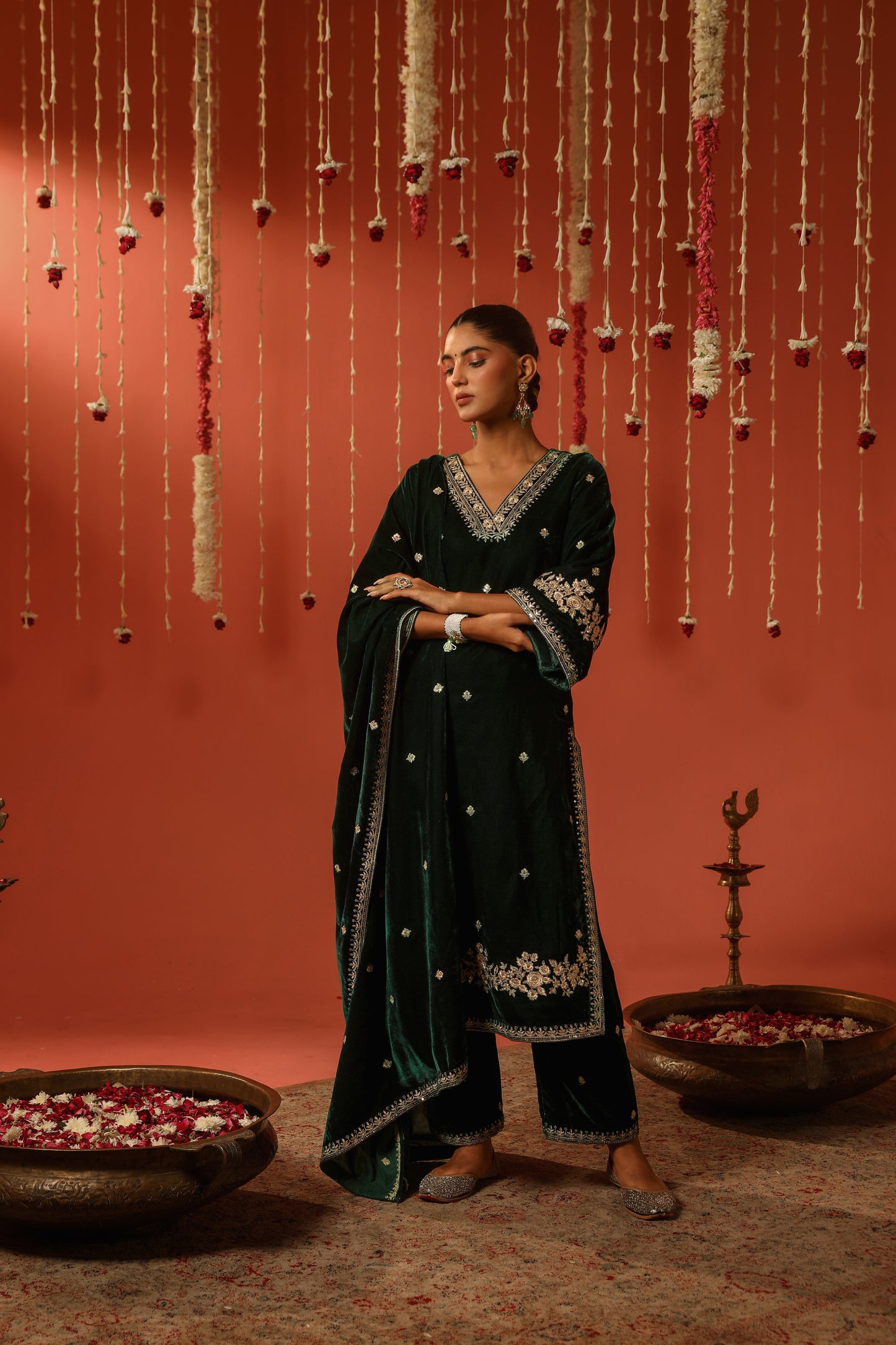 Nikita Chawla in GOONJ - Velvet Green Straight Suit Set.