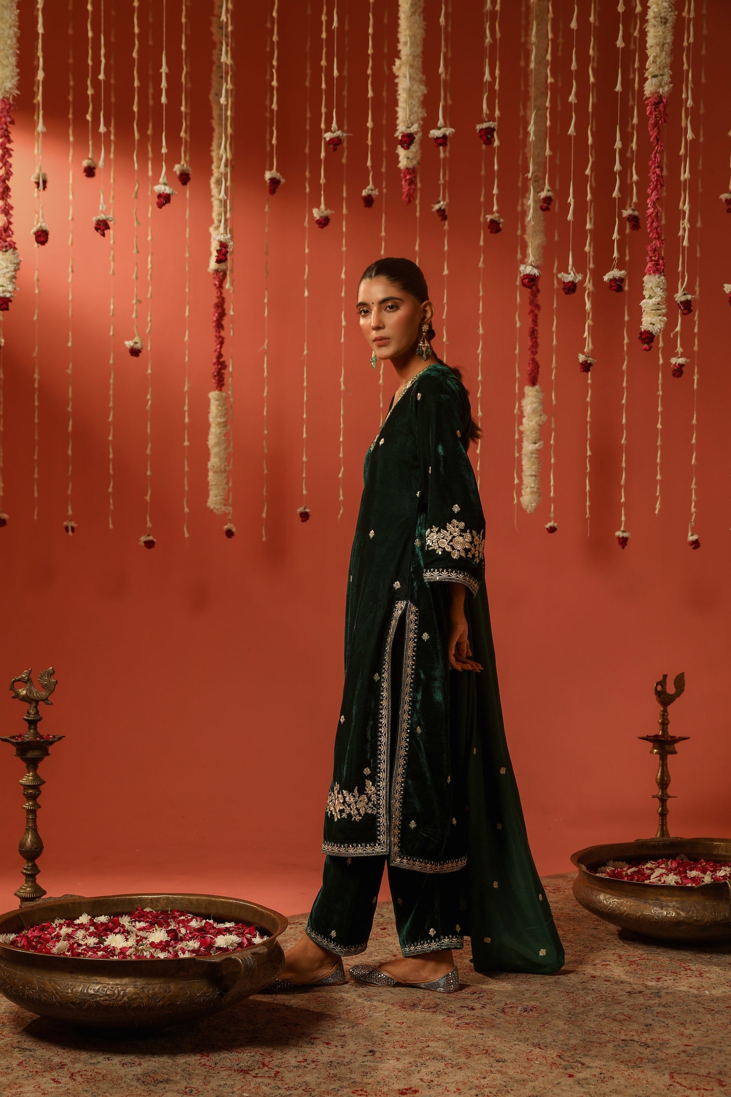 Nikita Chawla in GOONJ - Velvet Green Straight Suit Set.