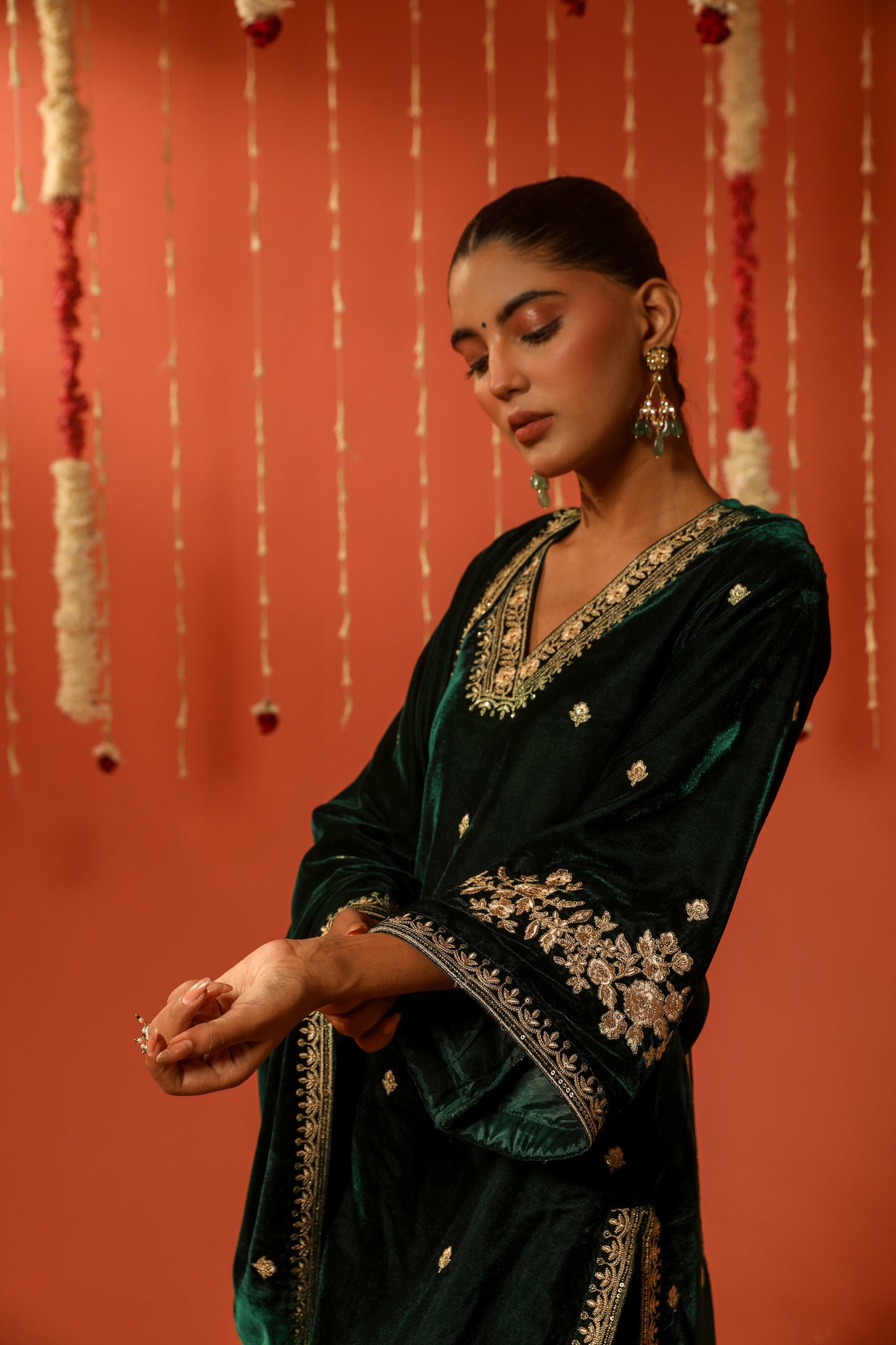 Nikita Chawla in GOONJ - Velvet Green Straight Suit Set.