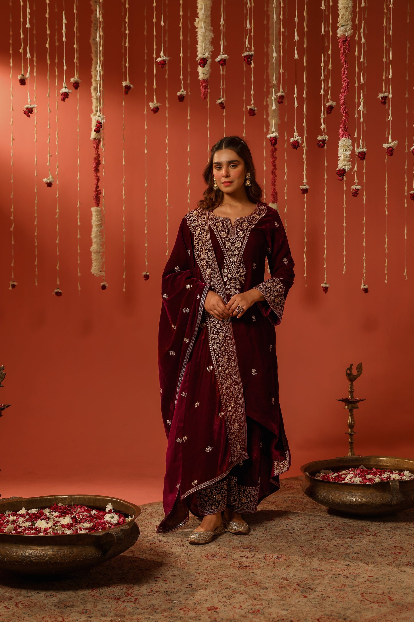 Shiana Kothari in SAAZ - Velvet Maroon Straight Suit Set.