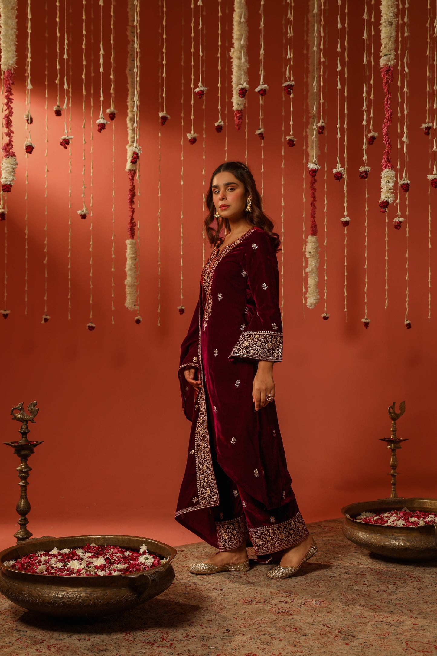 Shiana Kothari in SAAZ - Velvet Maroon Straight Suit Set.