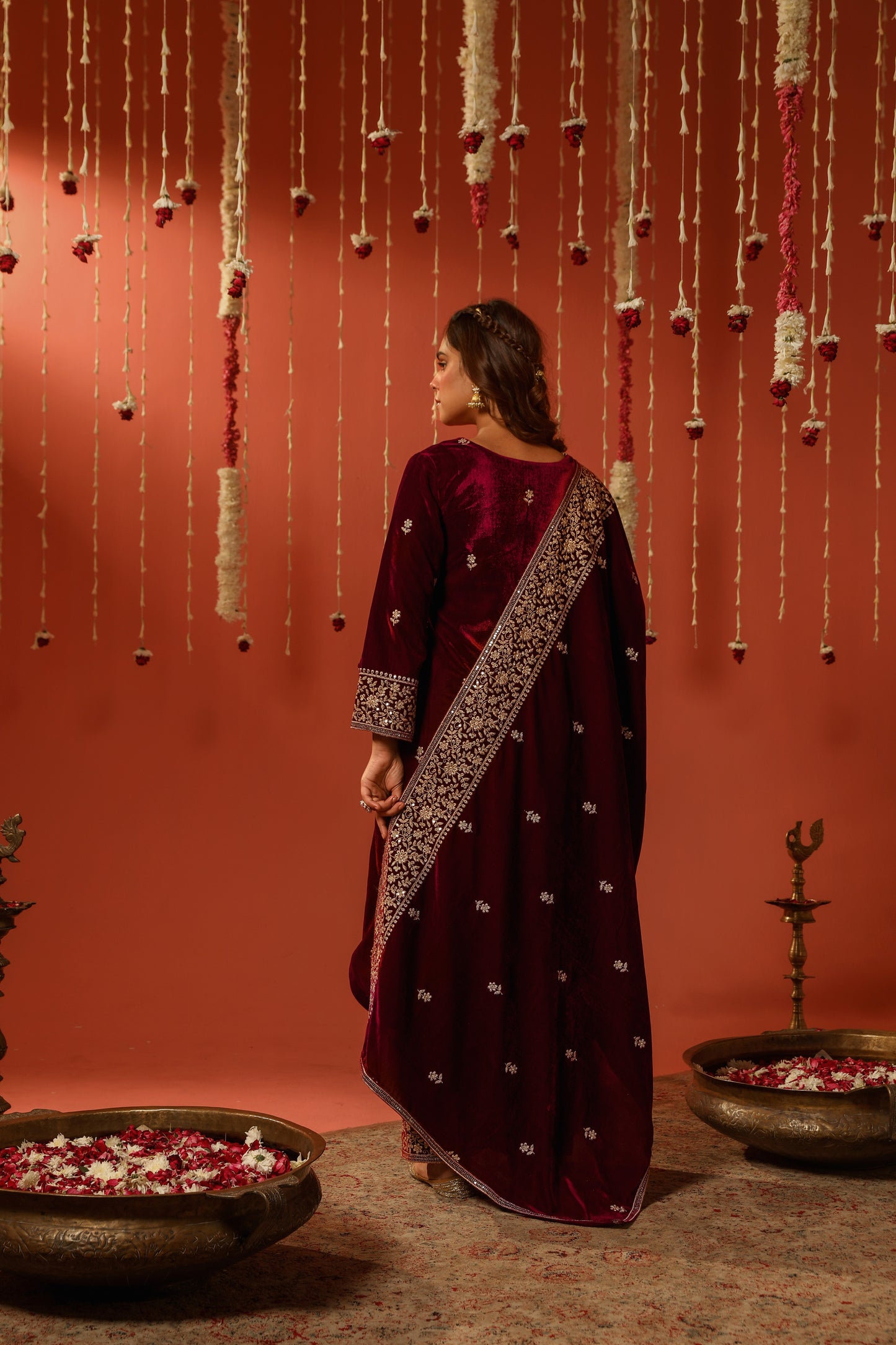 Shiana Kothari in SAAZ - Velvet Maroon Straight Suit Set.