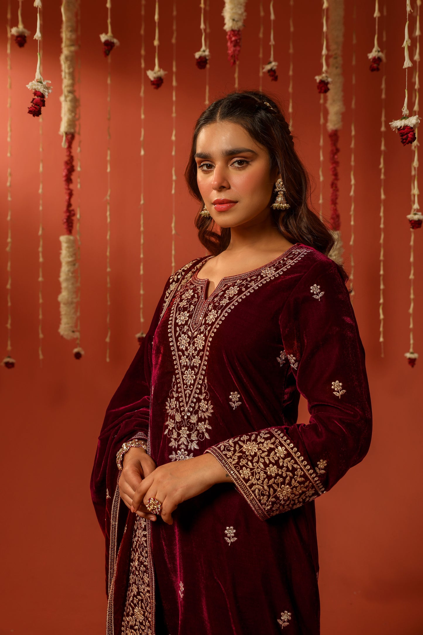 Shiana Kothari in SAAZ - Velvet Maroon Straight Suit Set.