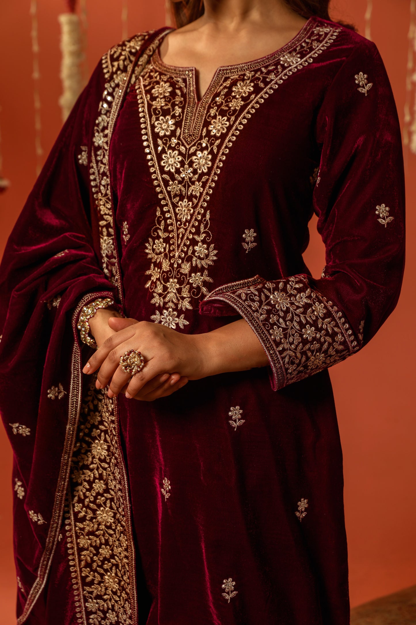 Shiana Kothari in SAAZ - Velvet Maroon Straight Suit Set.