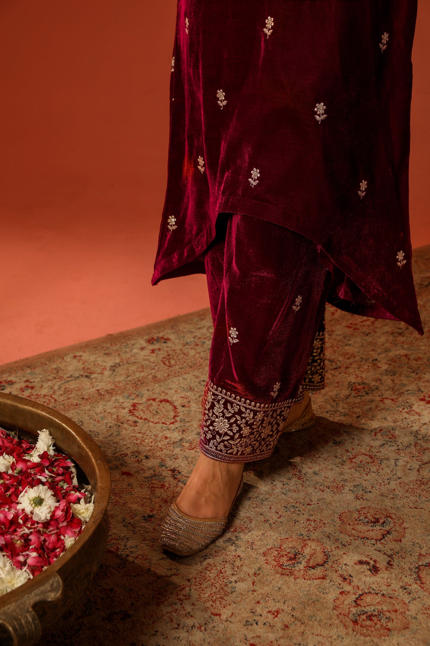 Shiana Kothari in SAAZ - Velvet Maroon Straight Suit Set.