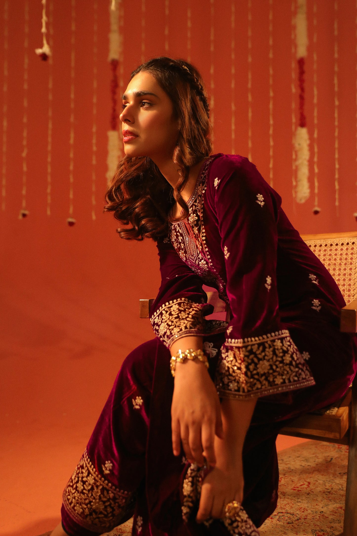 Shiana Kothari in SAAZ - Velvet Maroon Straight Suit Set.