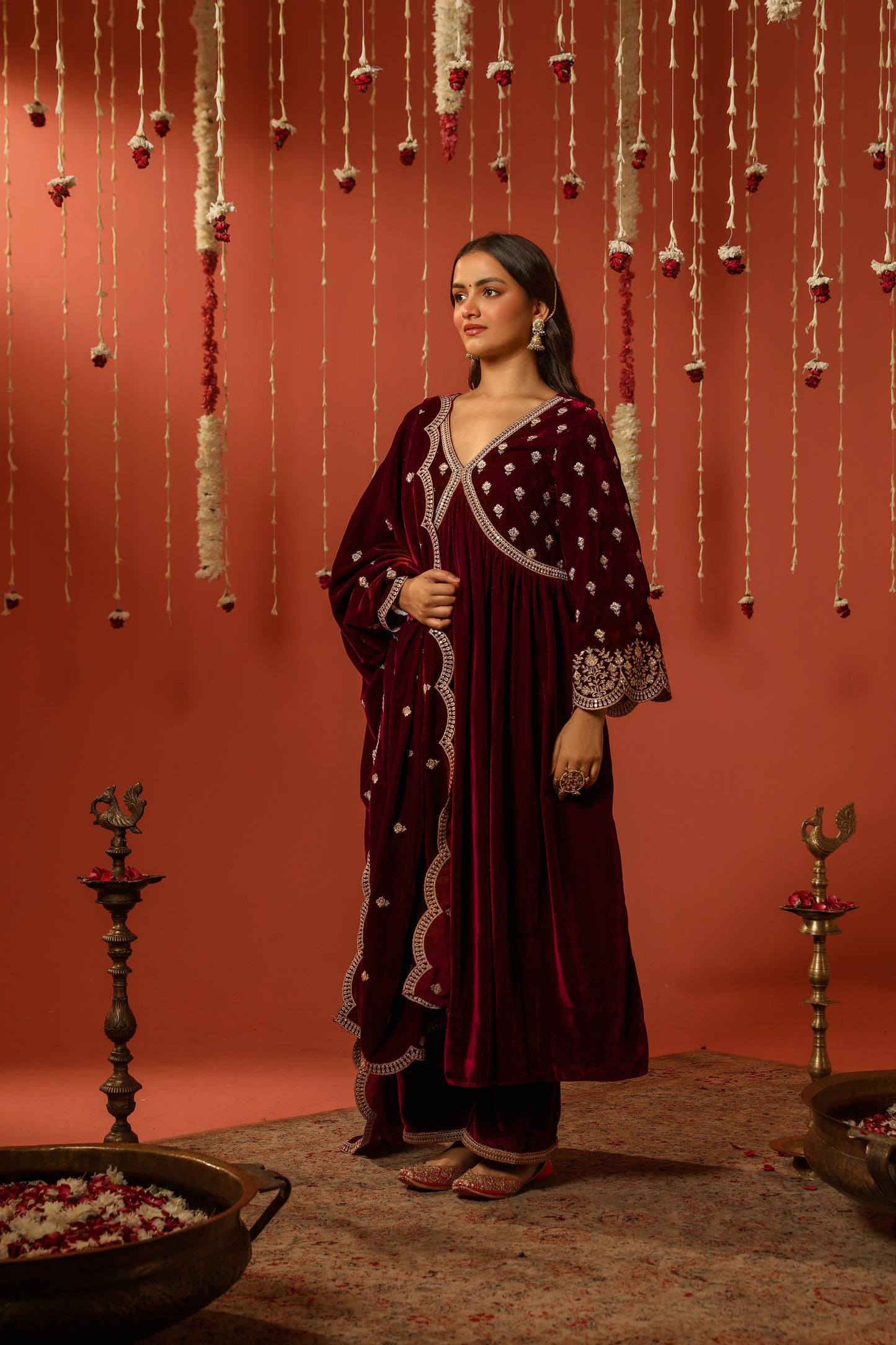 Niki Mehra (@nikimehra) ANTARA - Velvet Maroon Anarkali Set