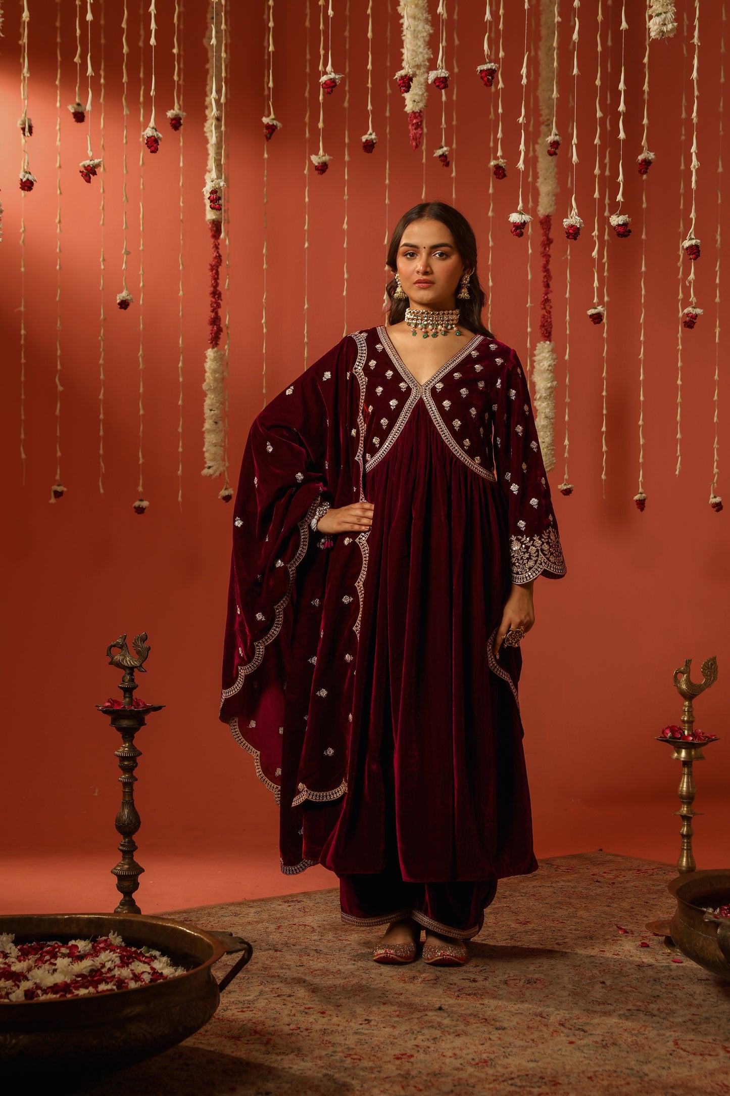 Niki Mehra (@nikimehra) ANTARA - Velvet Maroon Anarkali Set