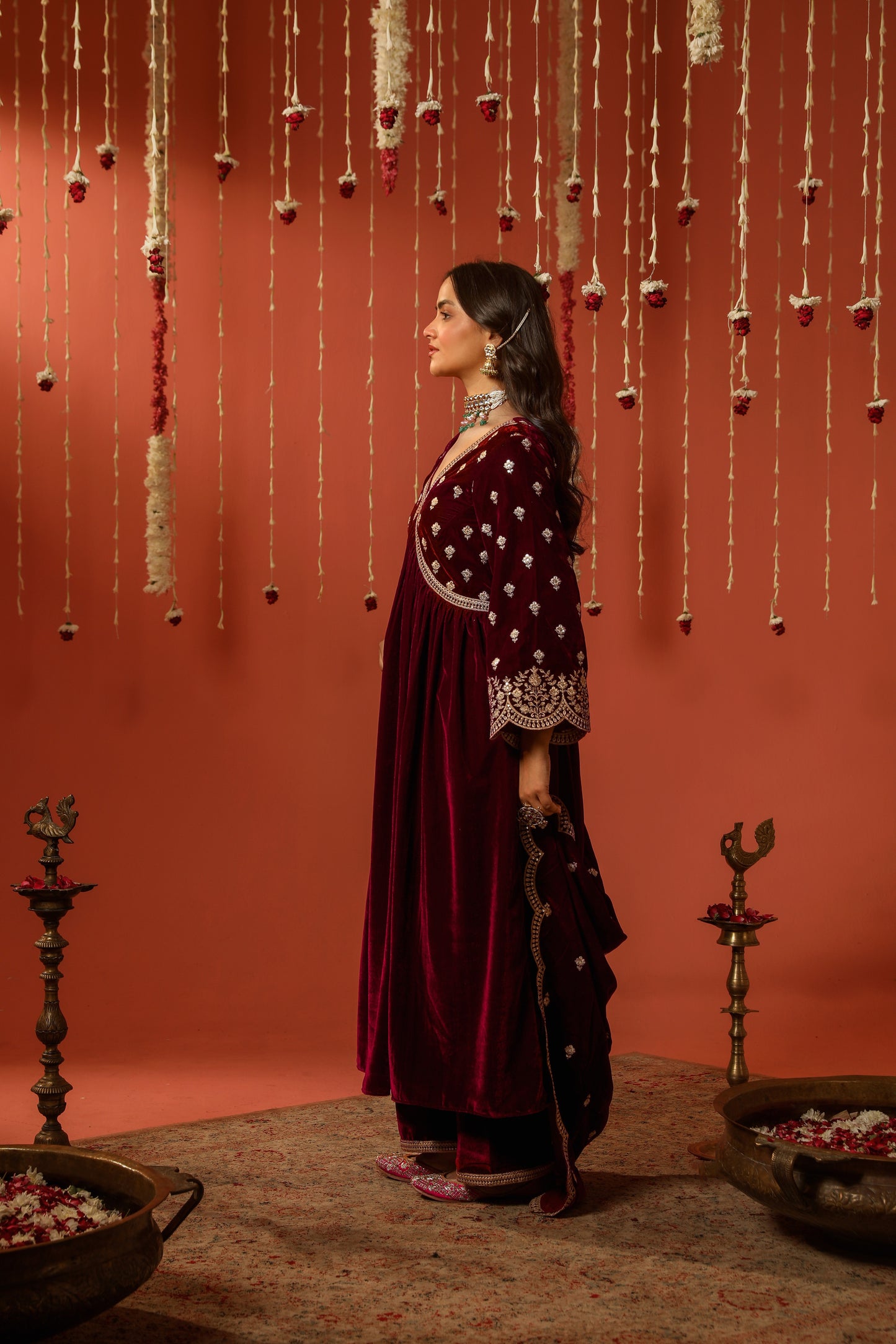 Niki Mehra (@nikimehra) ANTARA - Velvet Maroon Anarkali Set