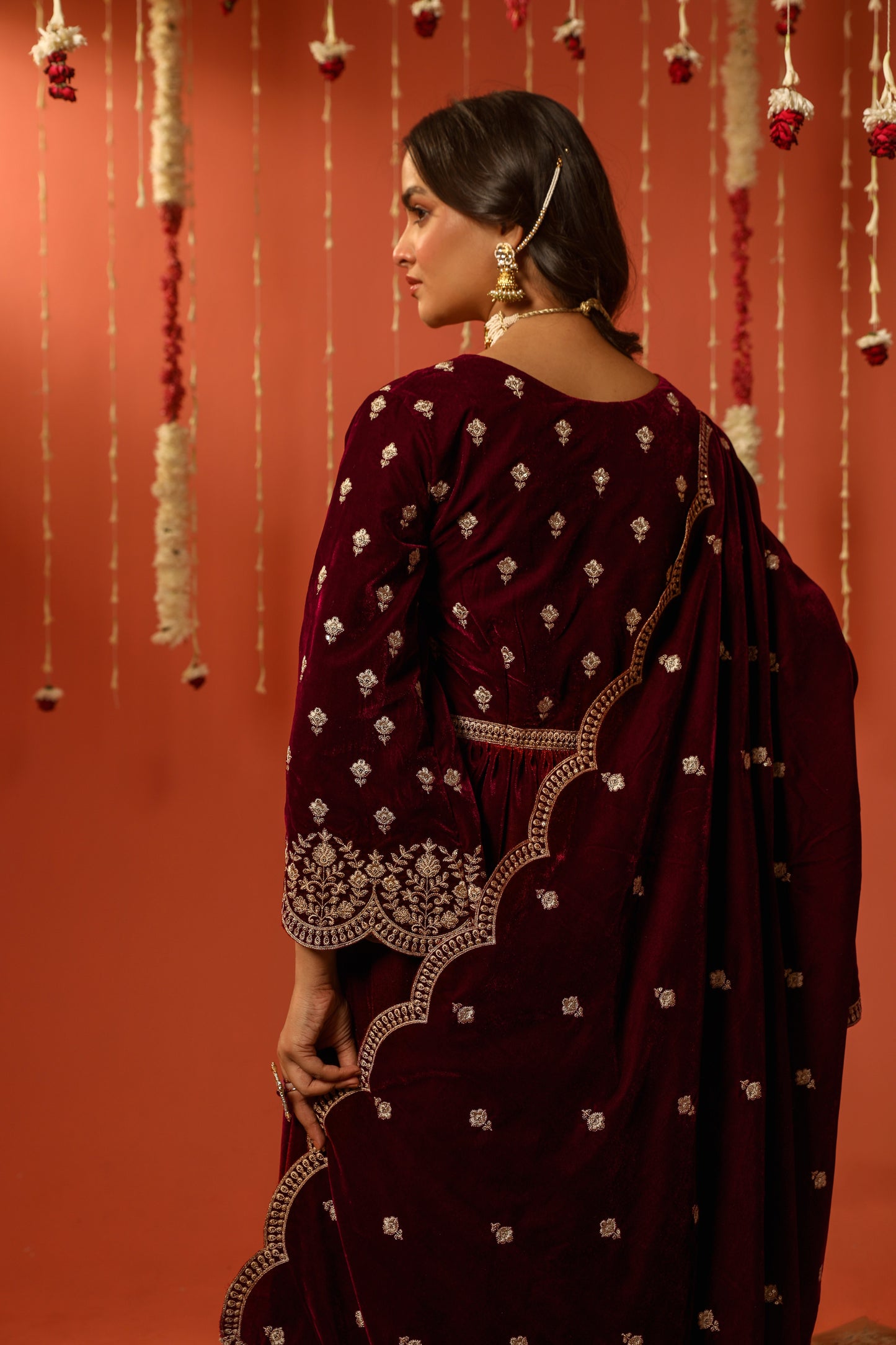 Niki Mehra (@nikimehra) ANTARA - Velvet Maroon Anarkali Set