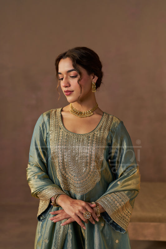 ZIA - Sage Blue Tissue-Organza Anarkali Set