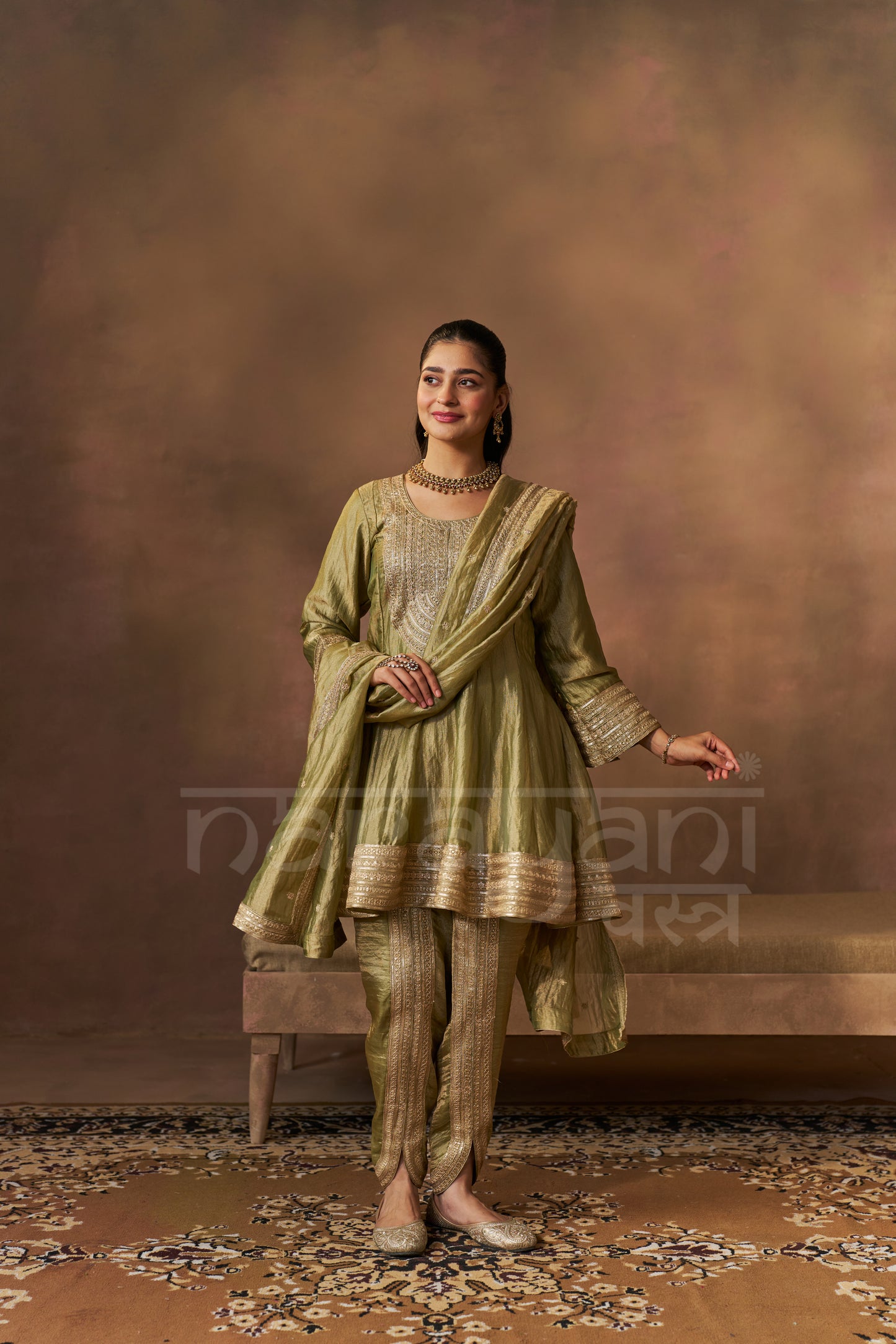ITRA - Olive Green Tissue-Organza Anarkali Set