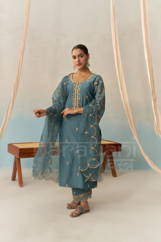 FARHIA - Teal Blue Chanderi Suit Set
