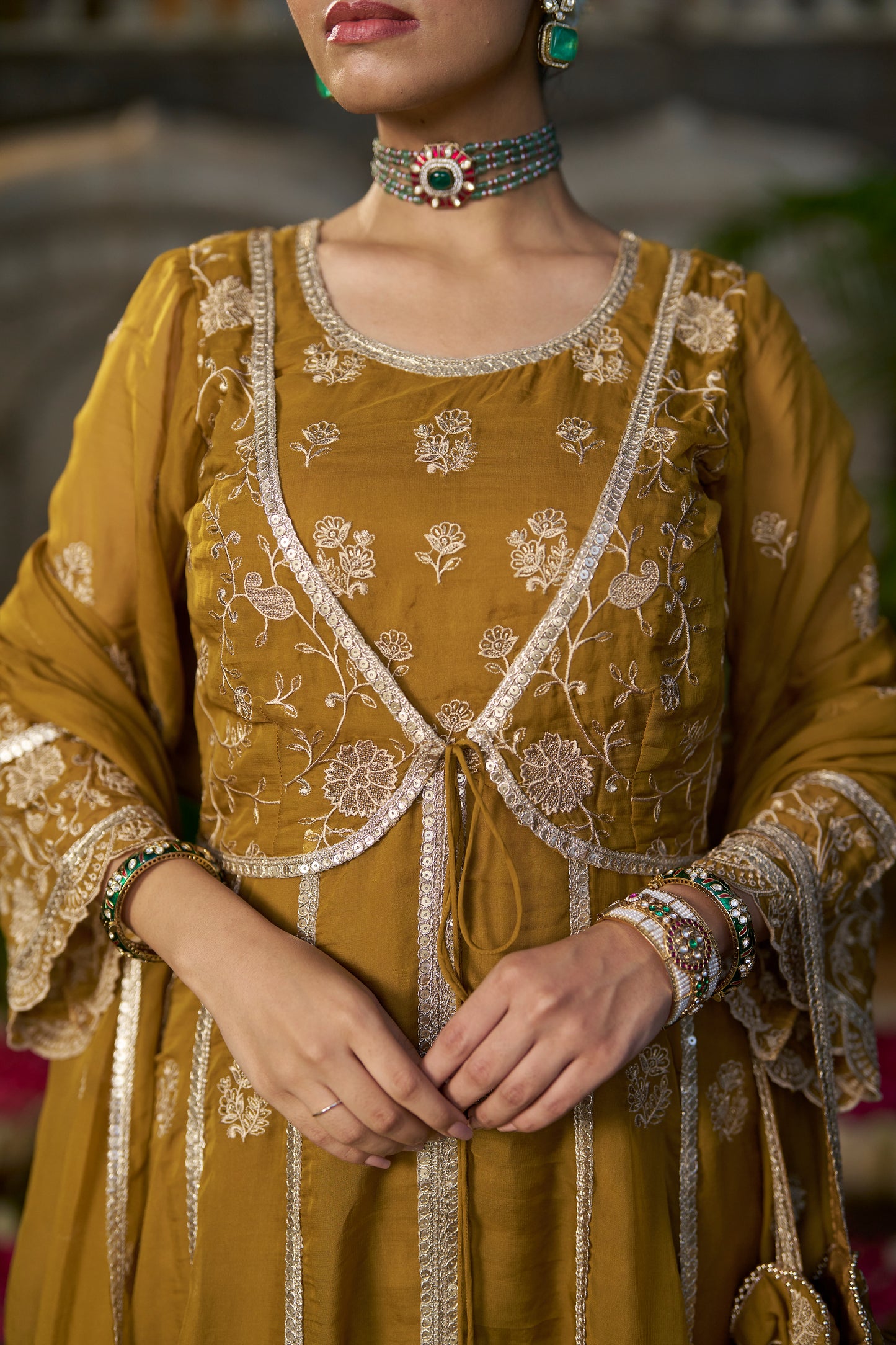 TIYA - Yellow Organza Anarkali Set