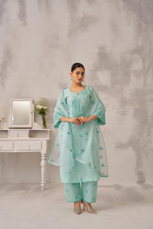 Manali Gandhi in AYRA - Sea Green Chanderi Suit Set