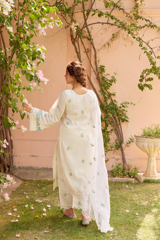 Banphool - Ivory White Chanderi Embroidered Suit Set.