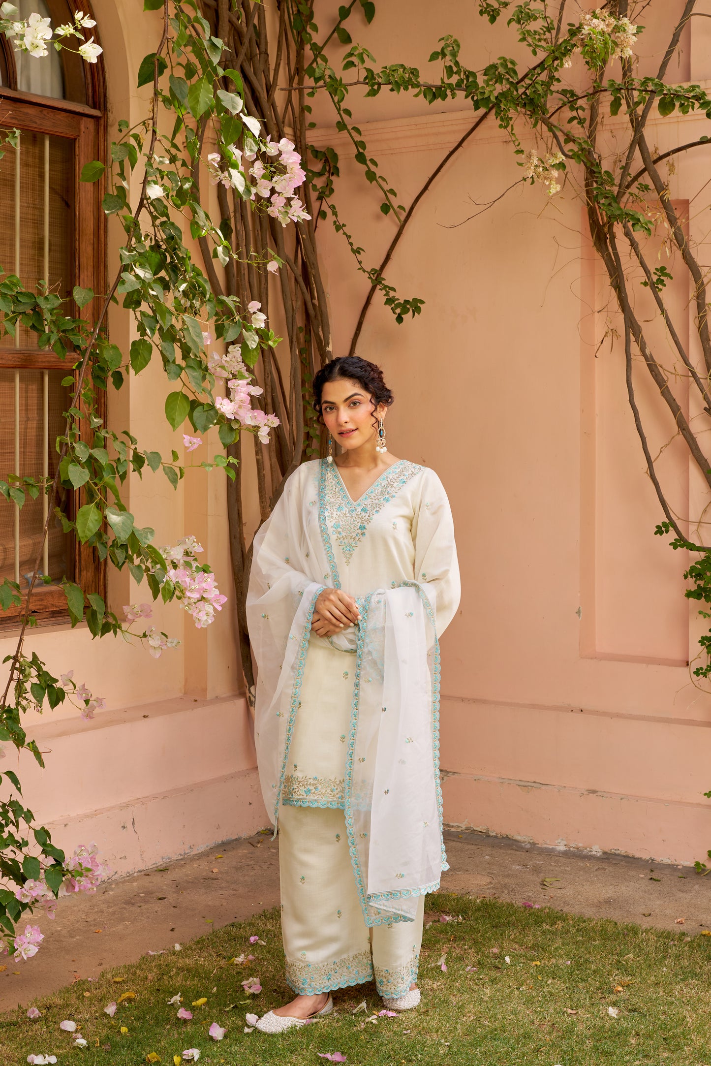 Nia Sharma in Banafsha - Ivory White Chanderi Embroidered Suit Set