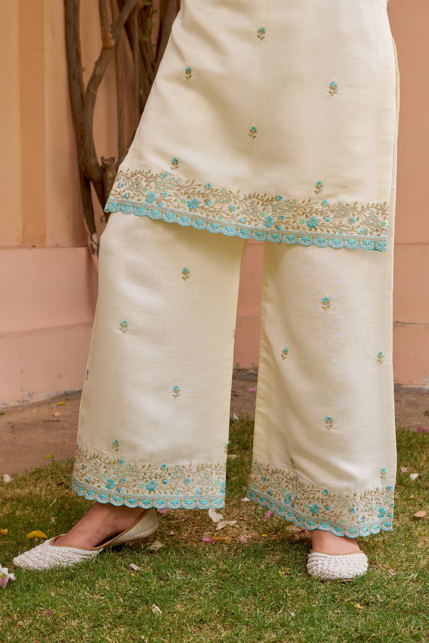 Nia Sharma in Banafsha - Ivory White Chanderi Embroidered Suit Set