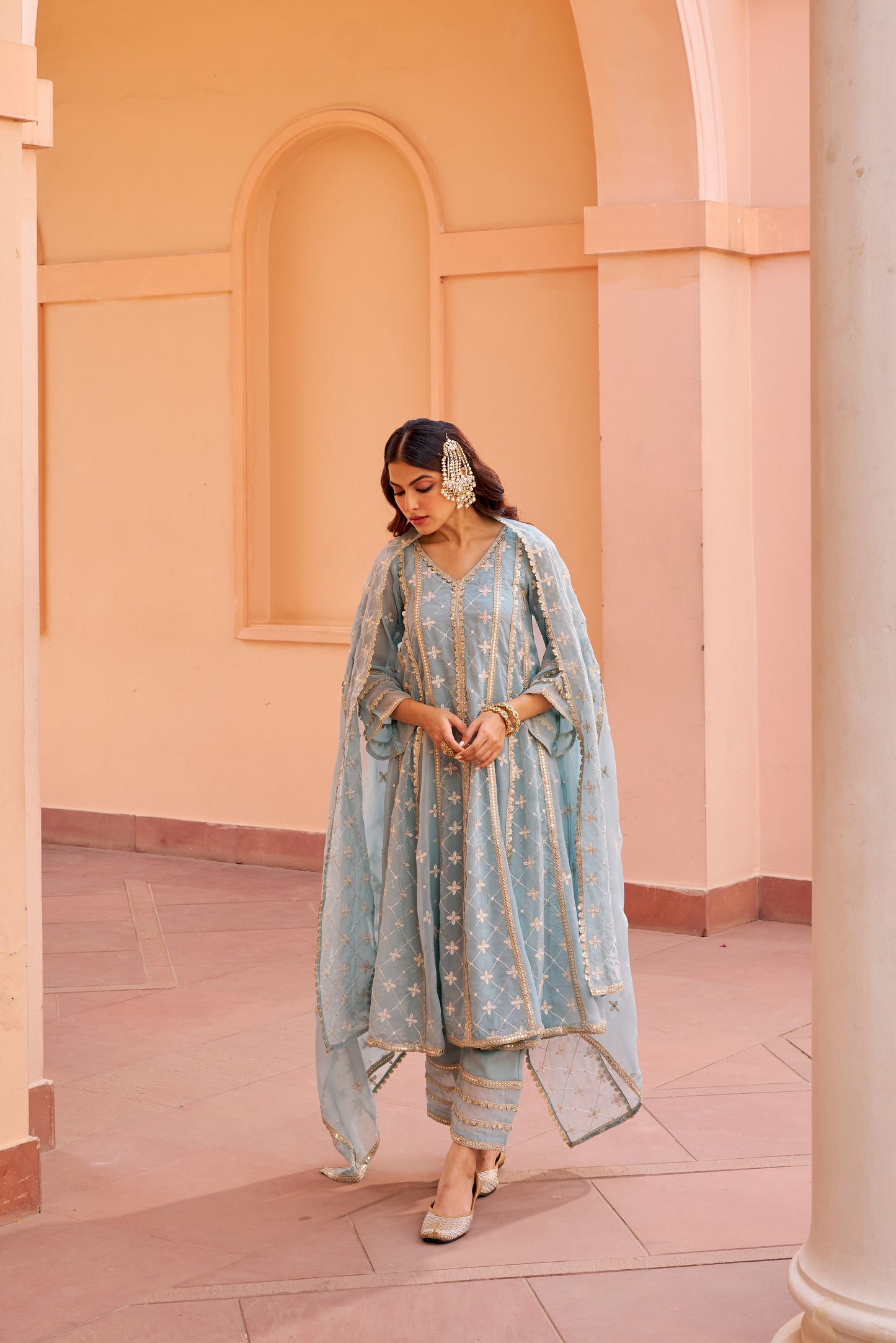 Anisha Sharma in Jashan - Blue Organza Anarkali Set.