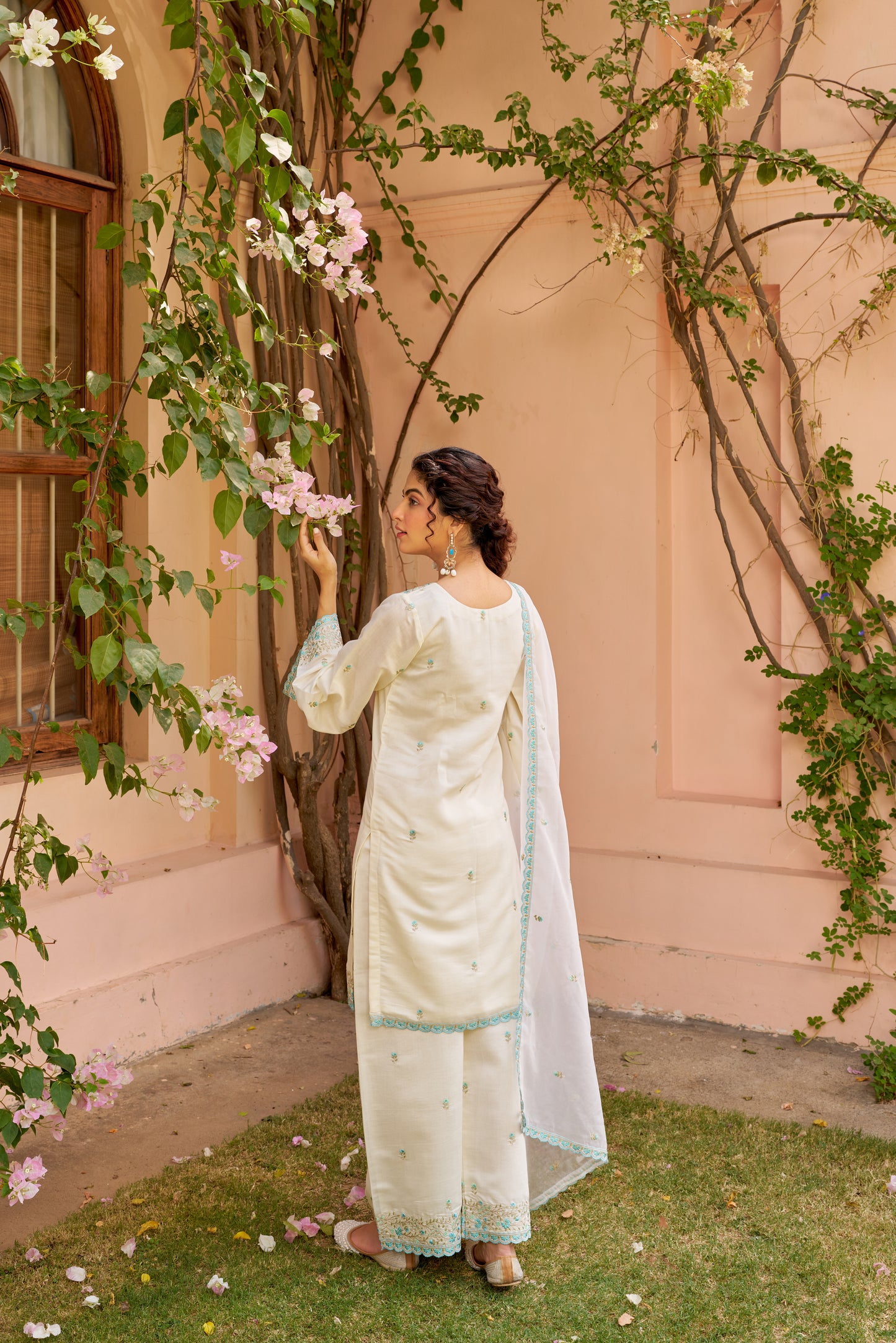 Nia Sharma in Banafsha - Ivory White Chanderi Embroidered Suit Set