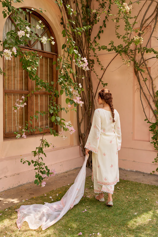 Gul-Khera - Ivory White Chanderi Embroidered Suit Set.