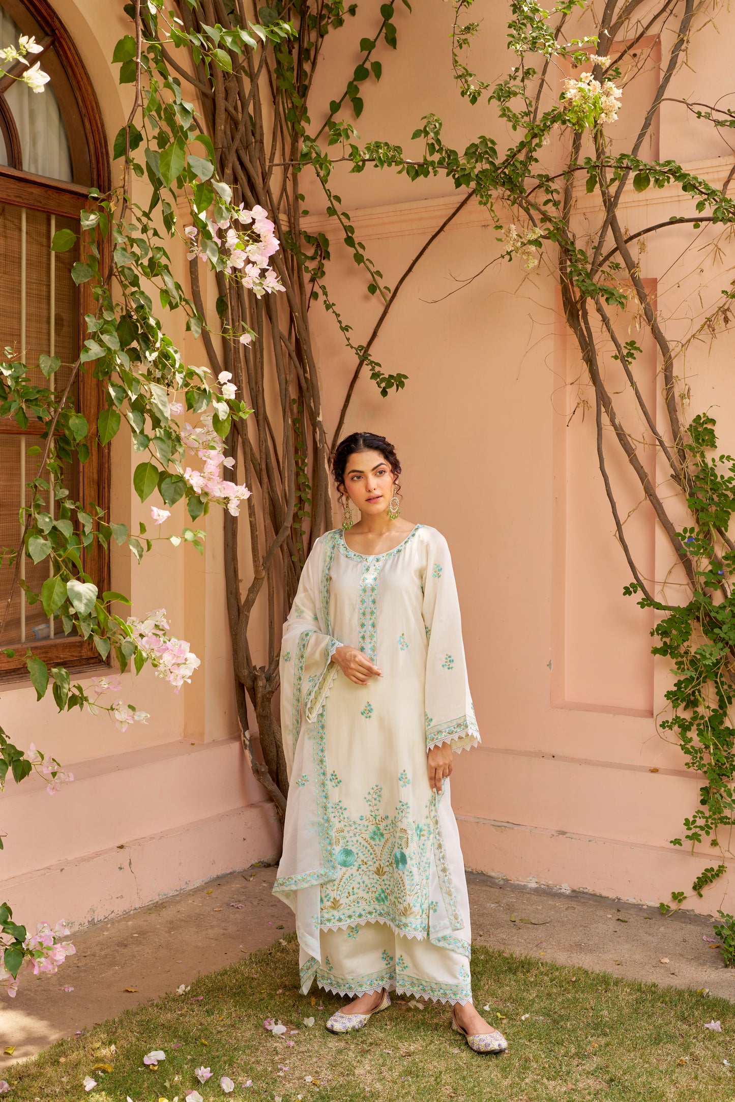Pallavi Goel in Asoniya - Ivory White Chanderi Embroidered Suit Set.