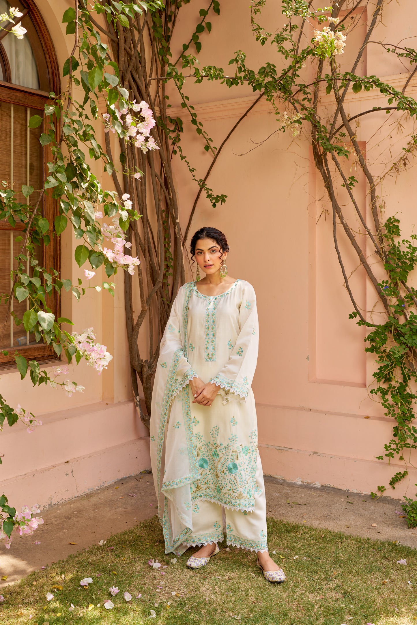 Pallavi Goel in Asoniya - Ivory White Chanderi Embroidered Suit Set.