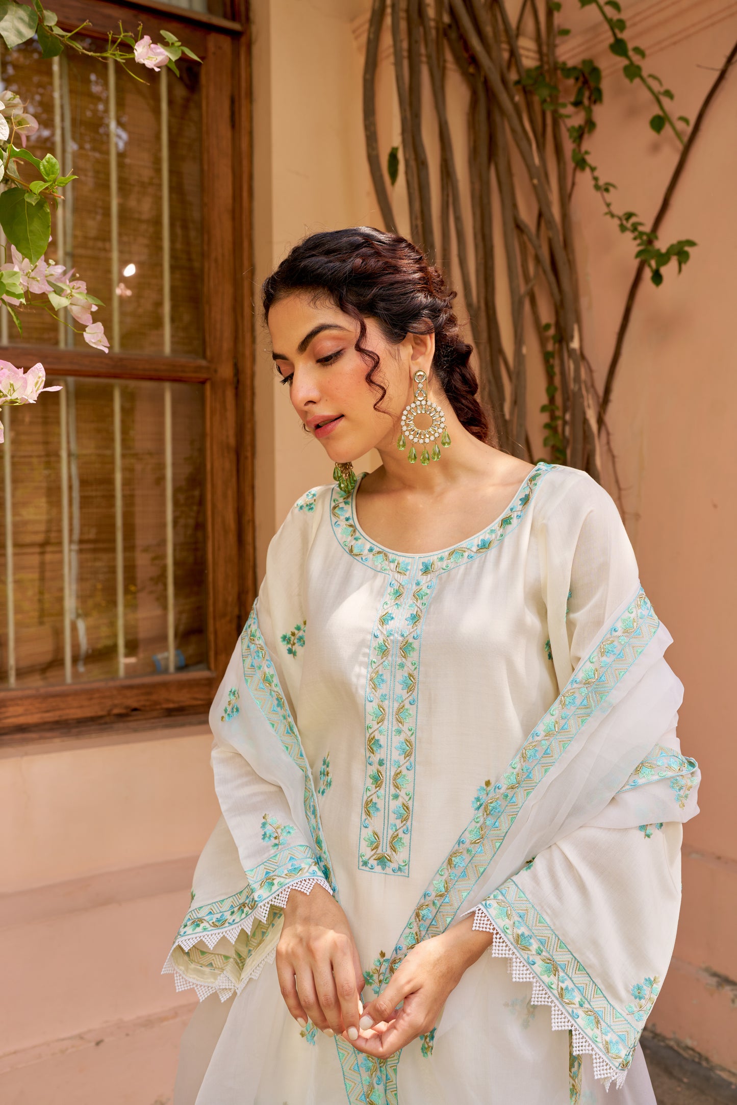 Pallavi Goel in Asoniya - Ivory White Chanderi Embroidered Suit Set.