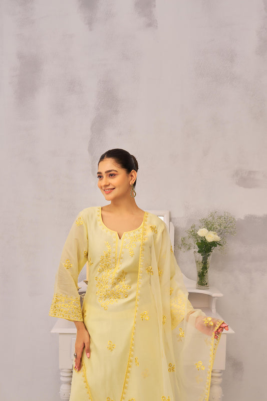 SAYA - Lime Yellow Chanderi Suit Set