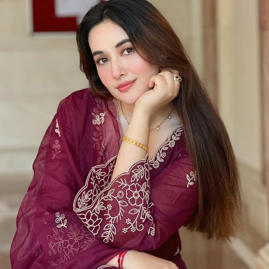 Aditi Budhathoki in Khila - Wine Chanderi Embroidered Suit Set