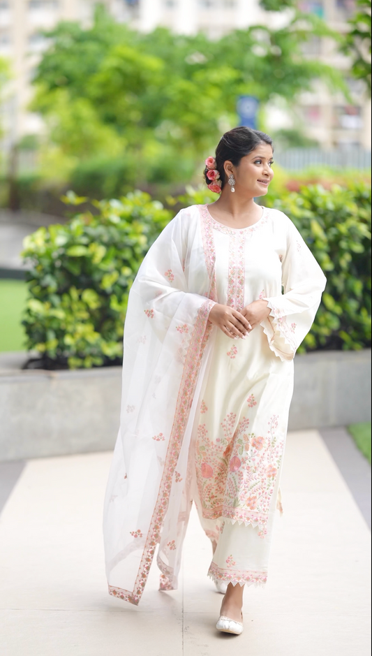 Ankita Singh in Gul-Khera - Ivory White Chanderi Embroidered Suit Set.