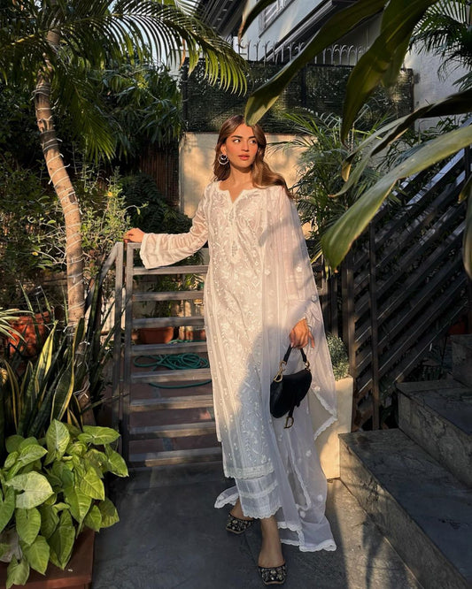 Mehak Bakshi in Motiya - Egg White Chanderi Embroidered Suit Set.