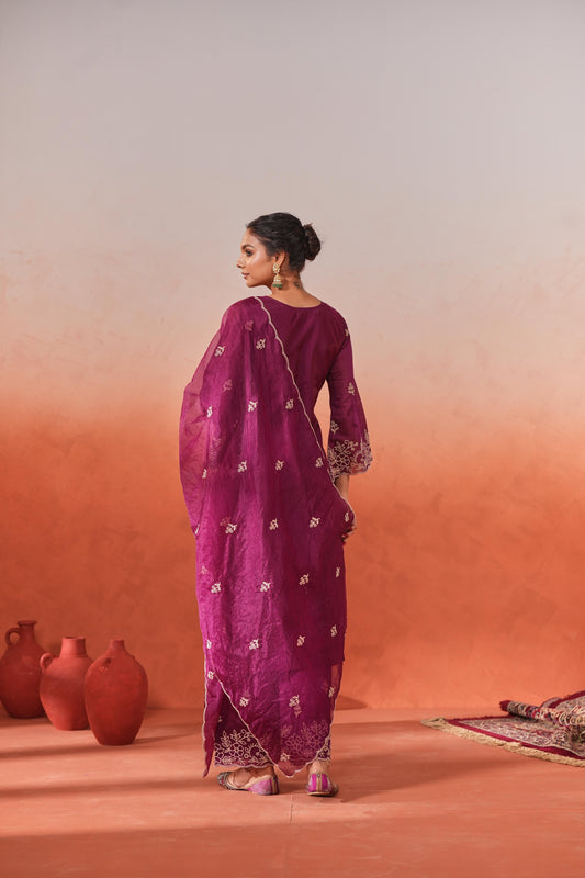 Khila - Wine Chanderi Embroidered Suit Set