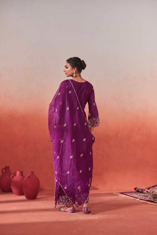 Khila - Wine Chanderi Embroidered Suit Set