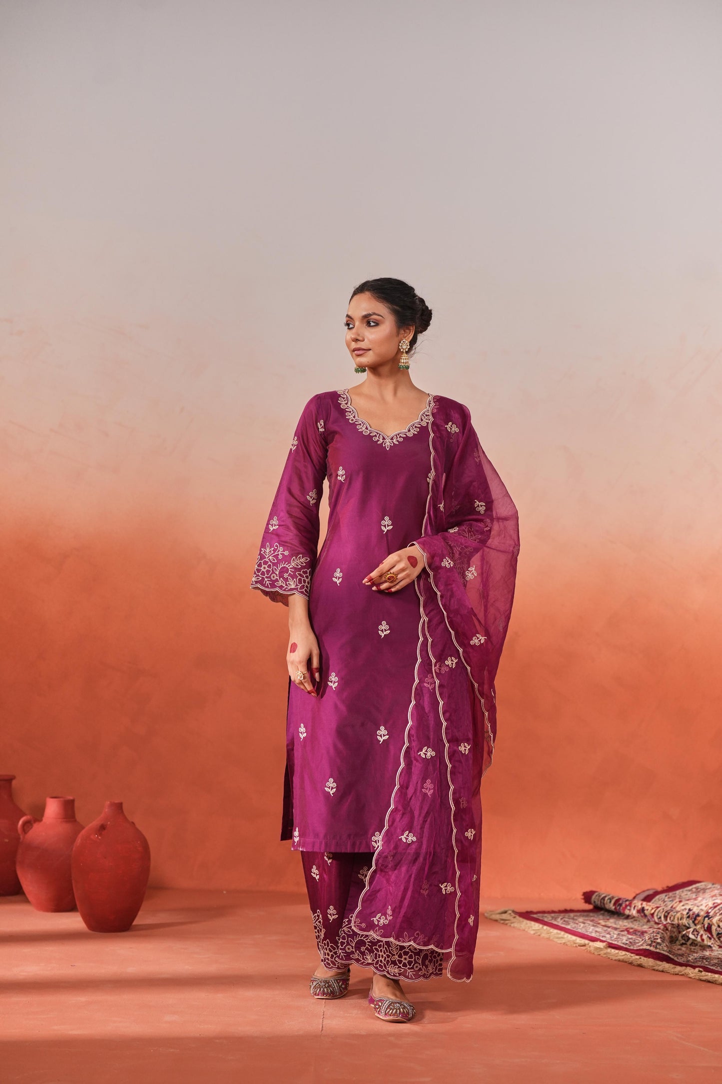 Shivani Pancholi in Khila - Wine Chanderi Embroidered Suit Set