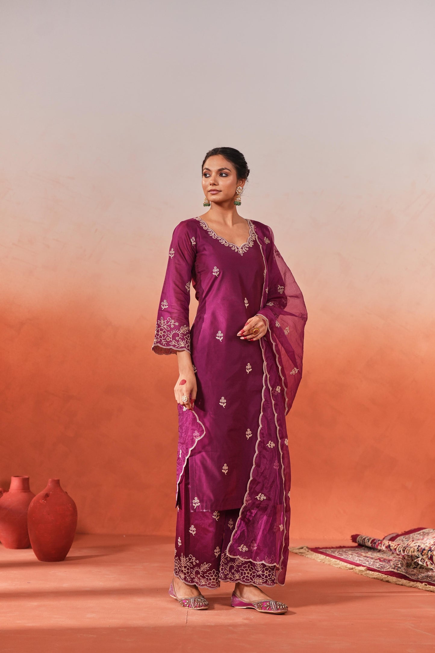 Shivani Pancholi in Khila - Wine Chanderi Embroidered Suit Set