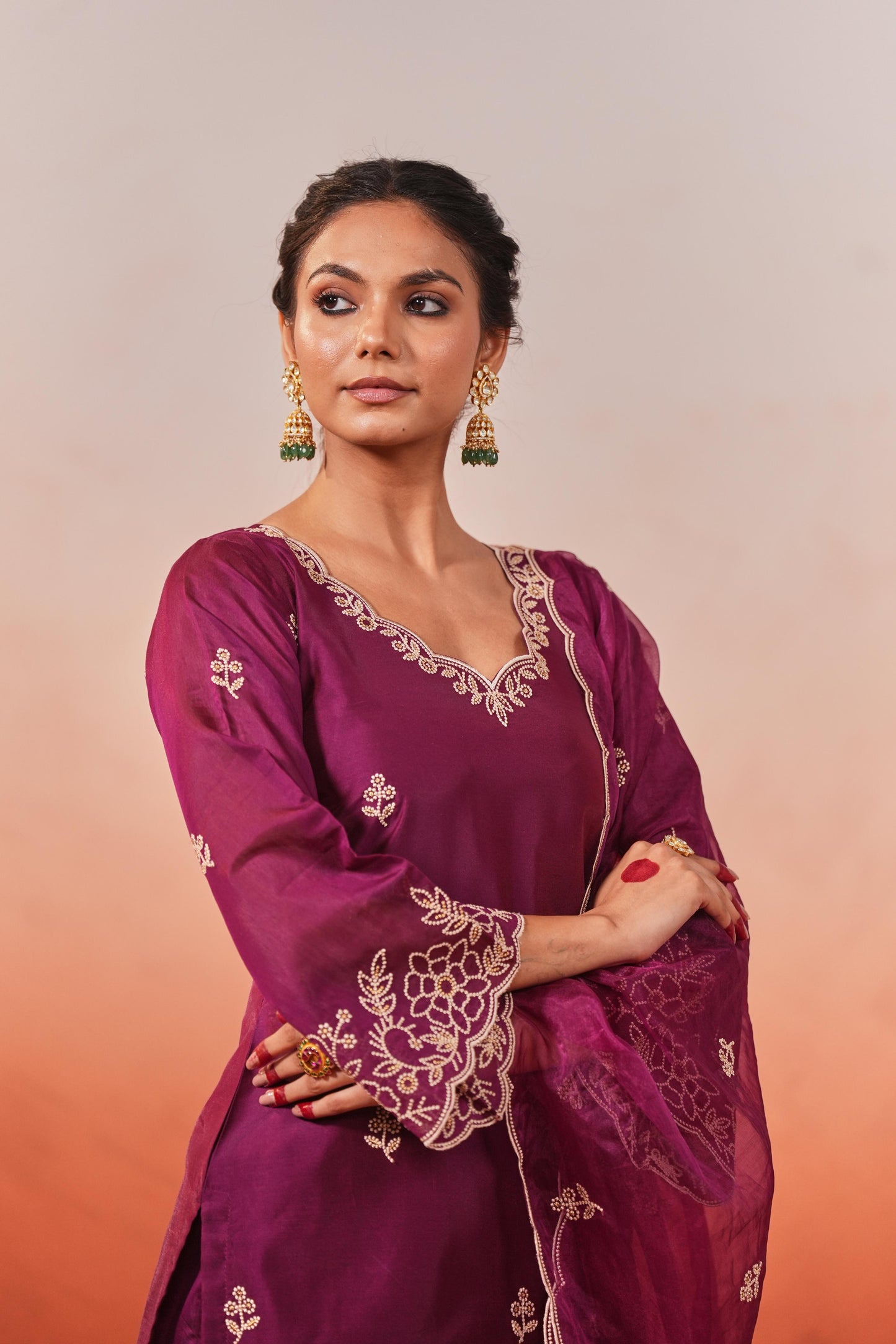 Bhavdeep Kaur in Khila - Wine Chanderi Embroidered Suit Set