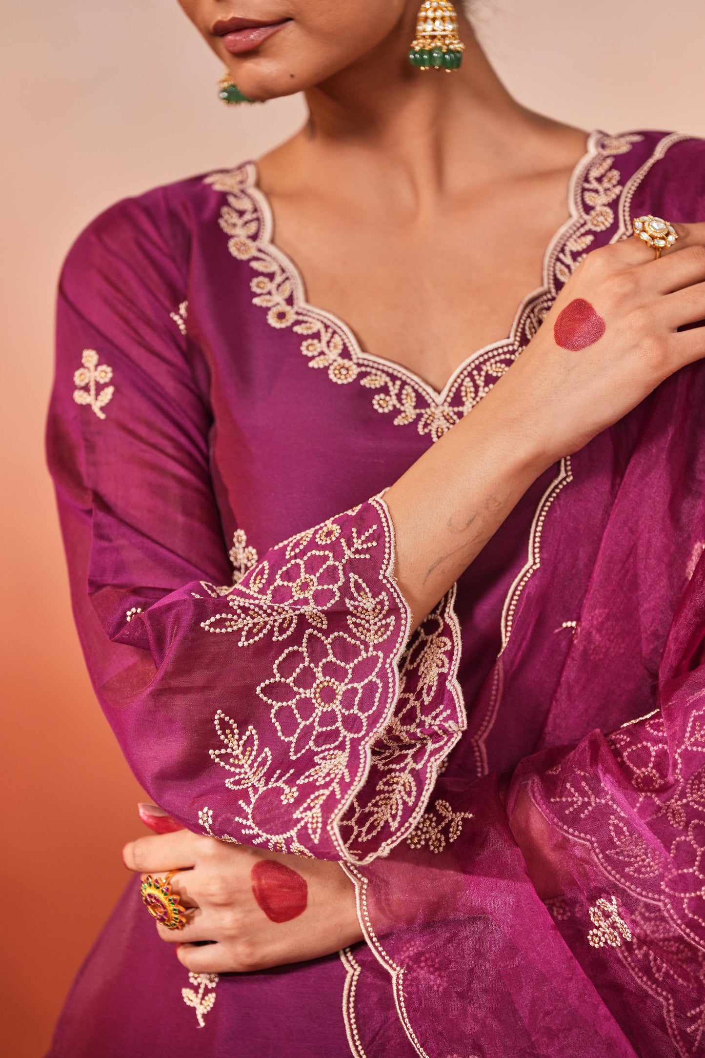 Aditi Budhathoki in Khila - Wine Chanderi Embroidered Suit Set