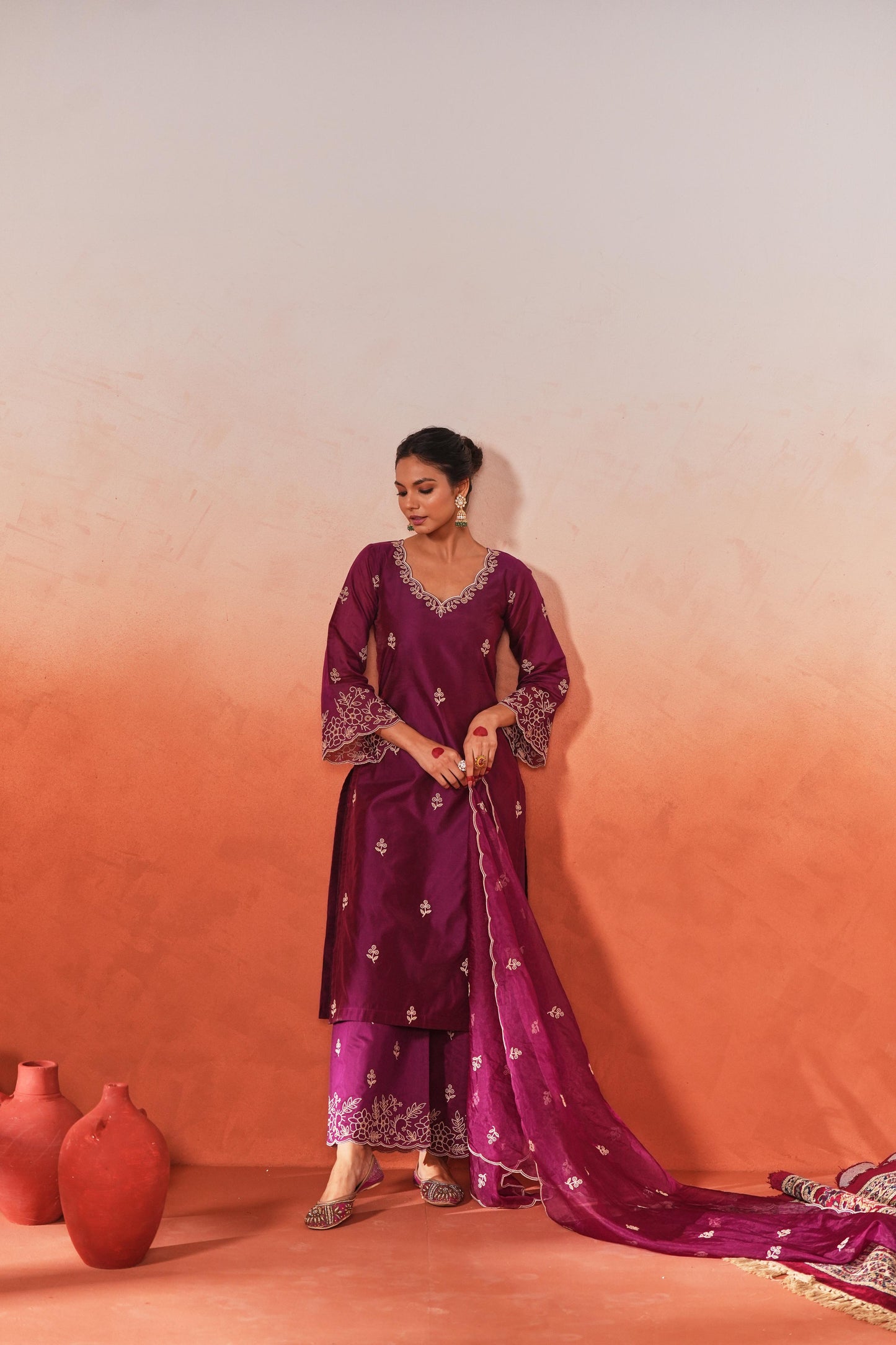 SARA TENDULKAR In Khila - Wine Chanderi Embroidered Suit Set