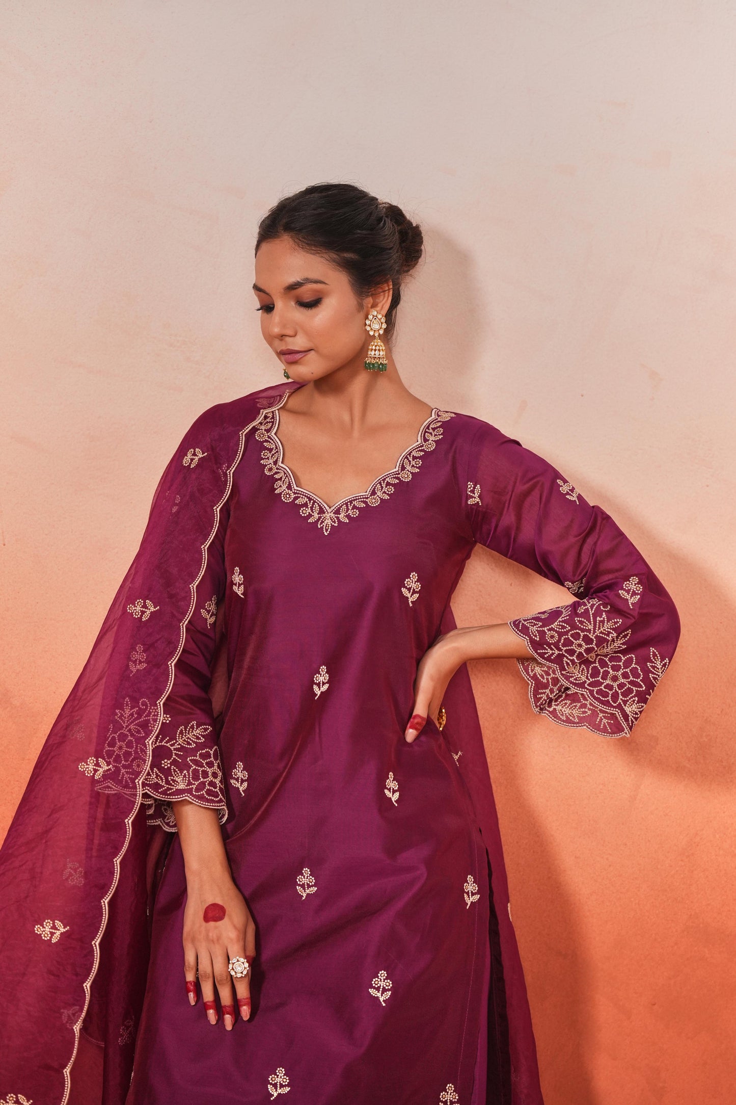 SARA TENDULKAR In Khila - Wine Chanderi Embroidered Suit Set