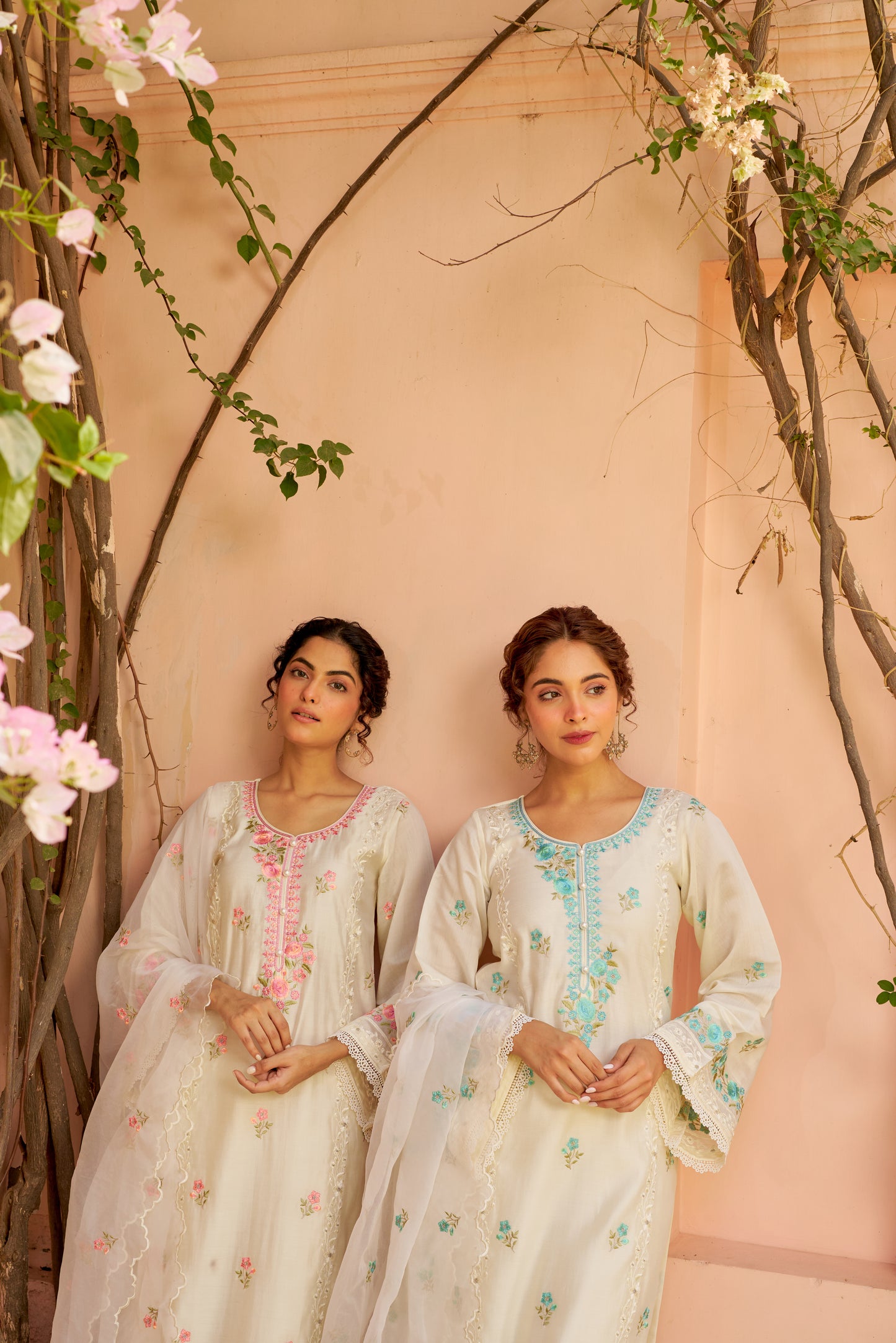 Nalini - Ivory White Chanderi Embroidered Suit Set.