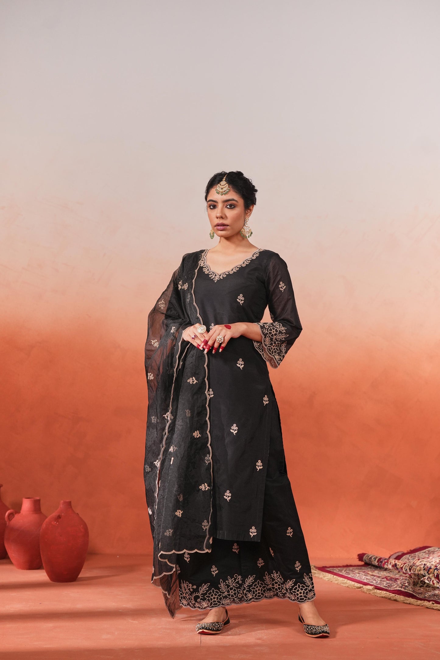 Mehfil - Black Chanderi Embroidered Suit Set