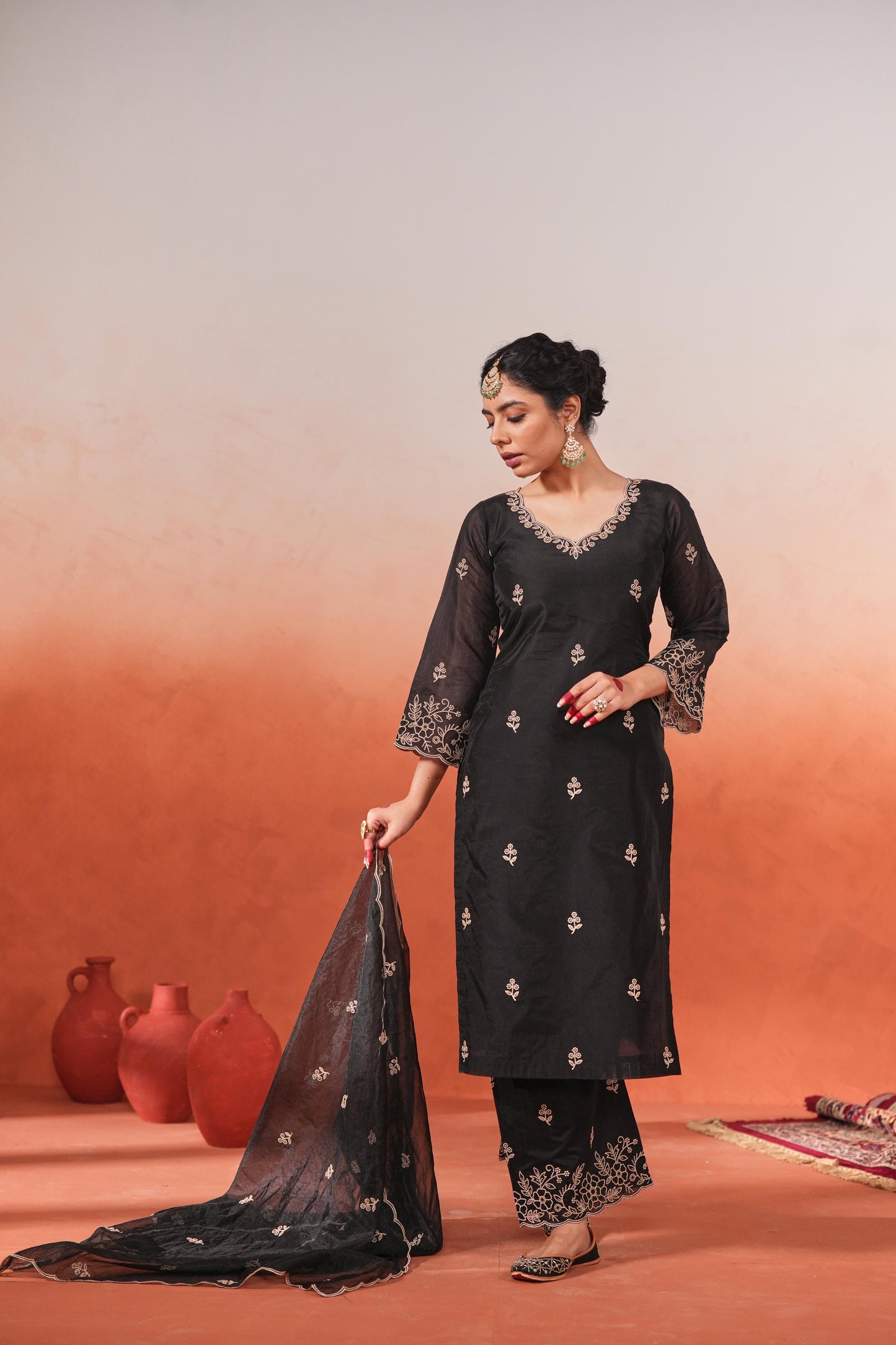 Mehfil - Black Chanderi Embroidered Suit Set